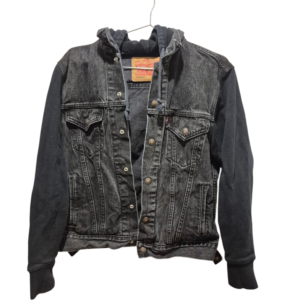 Levi’s Hybrid Hooded Trucker Jacket Vintage Fit Size Small Black Denim Jean